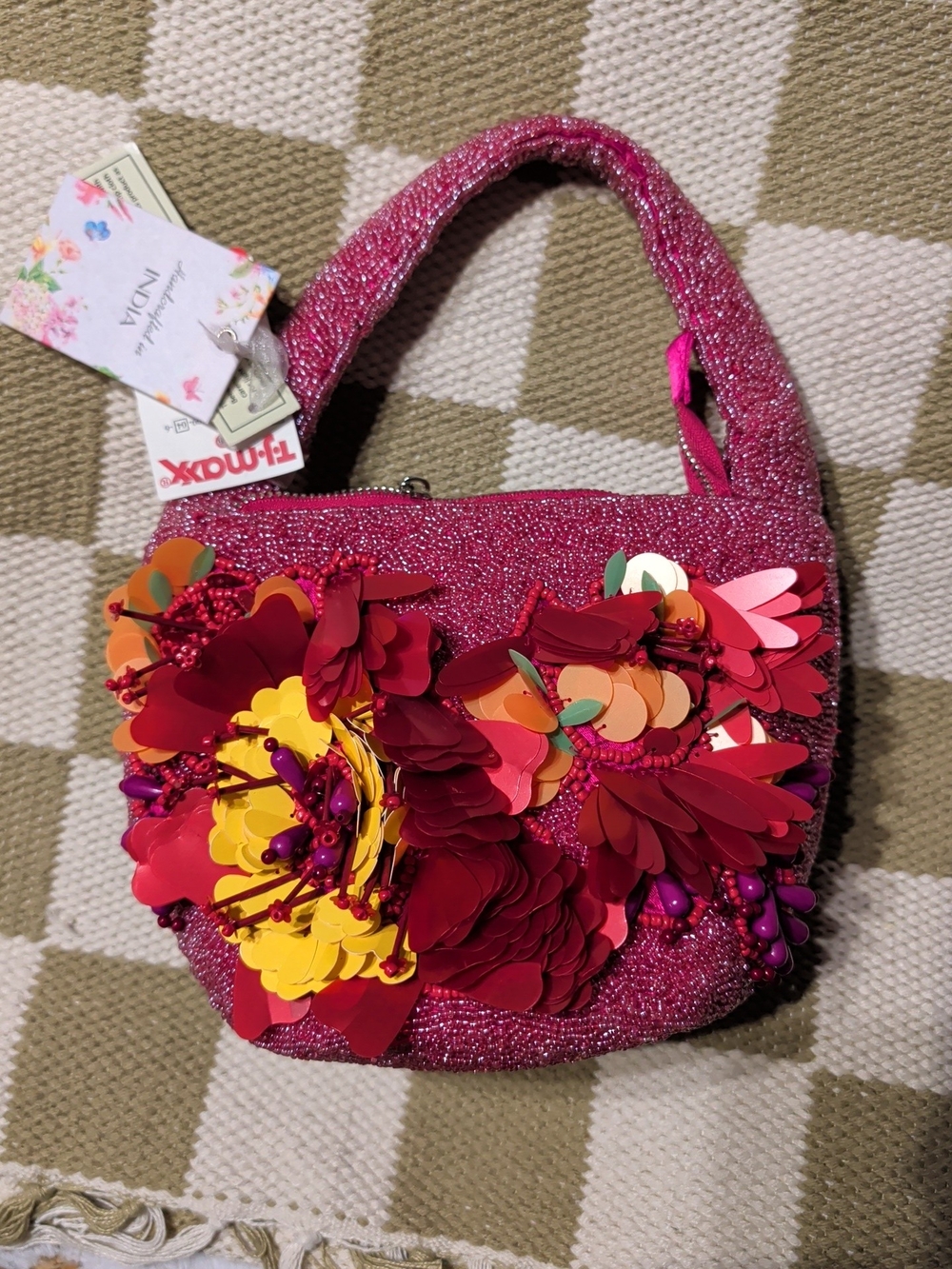 Embellished Pink Floral Sequin Beaded Shoulder Bag India NWT